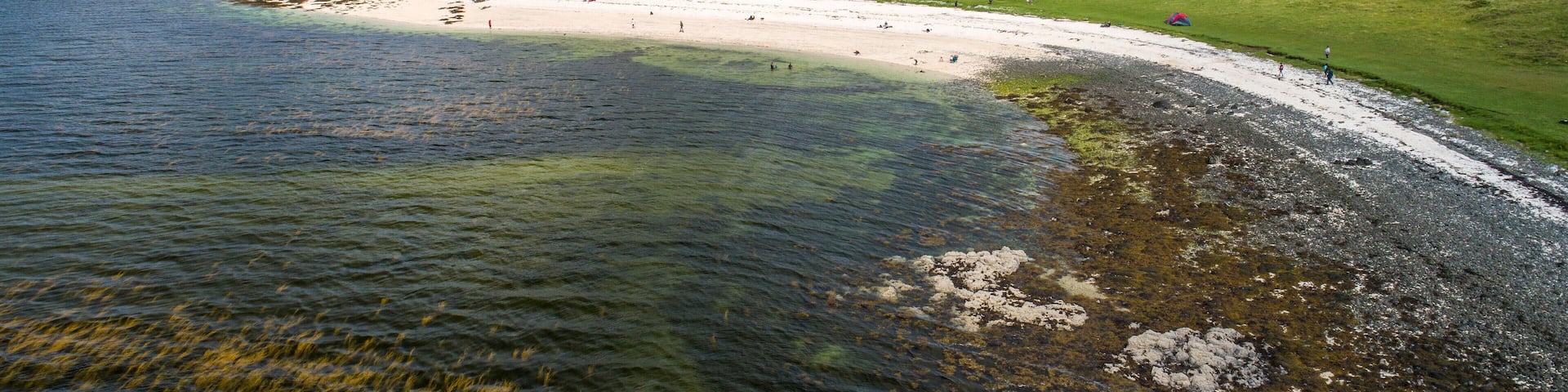 Un paisaje costero con una playa arenosa, colinas cubiertas de hierba y una masa de agua.