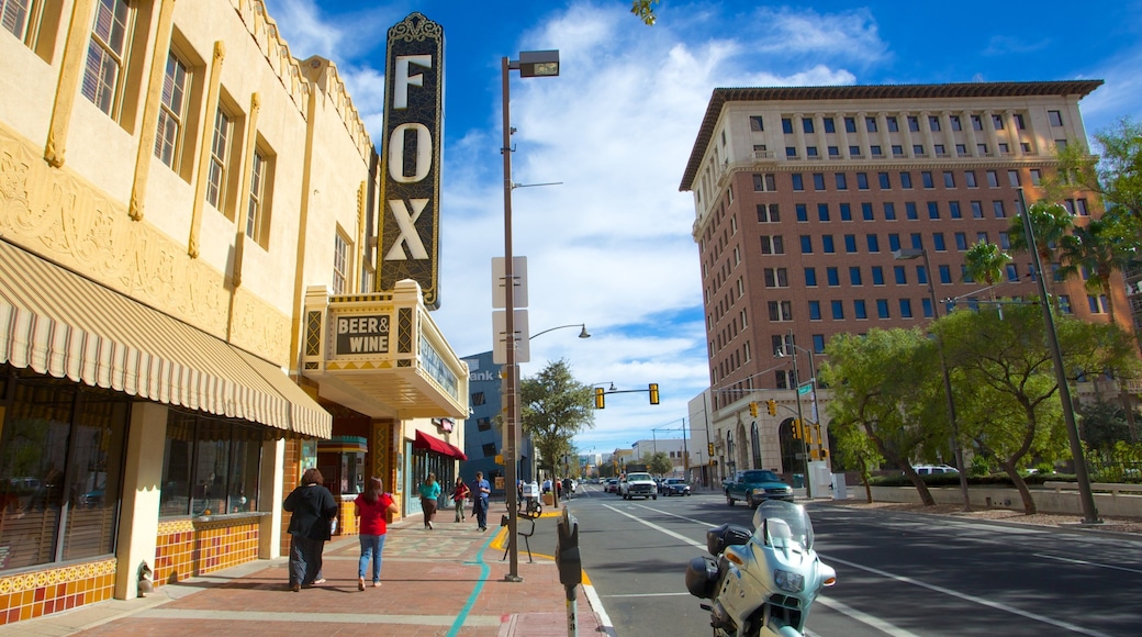 Fox Theatre showing street scenes, a city and signage