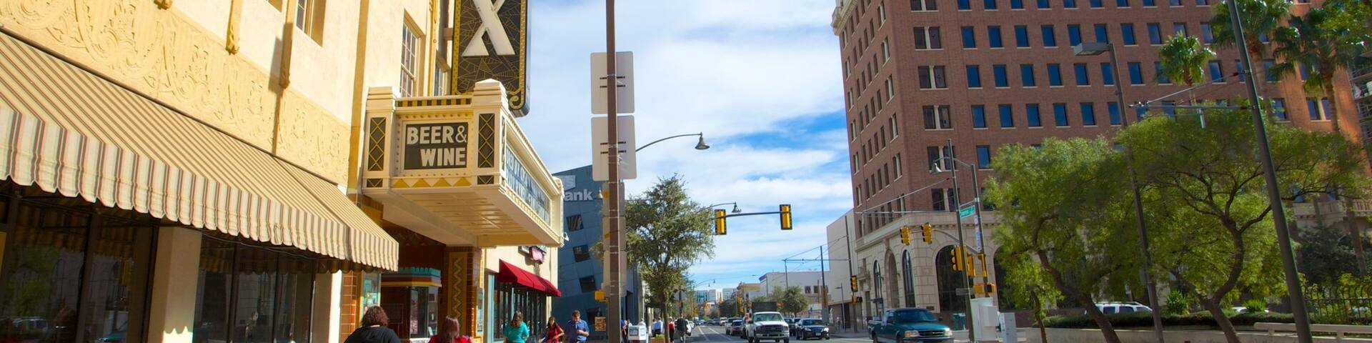 Fox Theatre showing street scenes, a city and signage