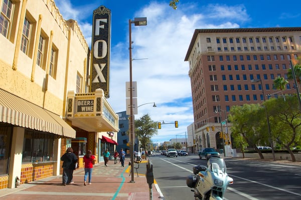Fox Theatre showing street scenes, a city and signage