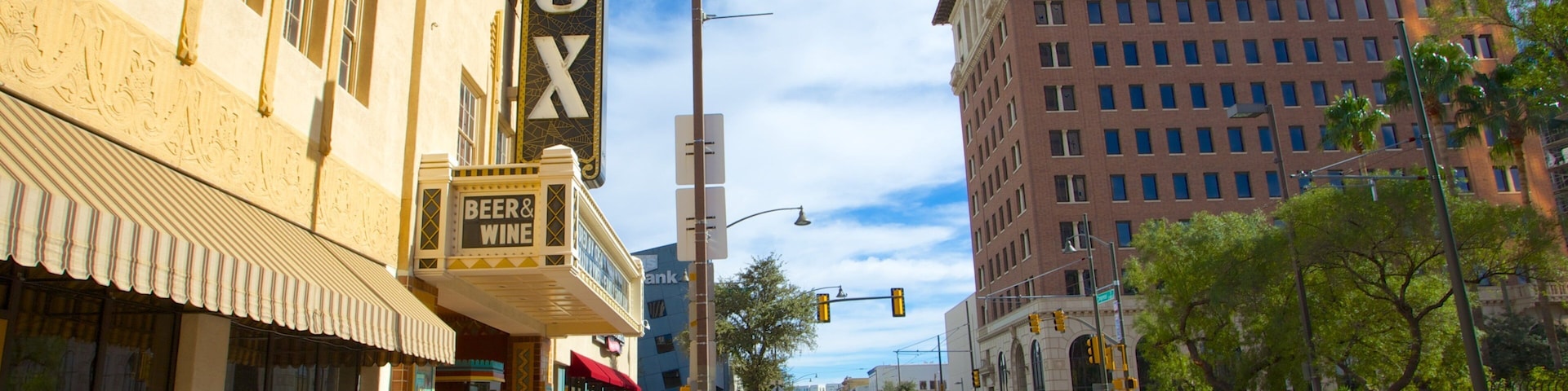 Fox Theatre showing street scenes, a city and signage