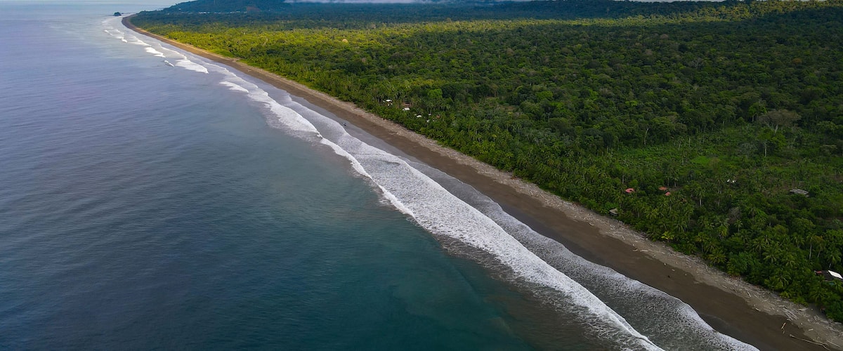 A coastal landscape with a sandy beach, ocean waves, dense green forest, and distant mountains under a cloudy sky.