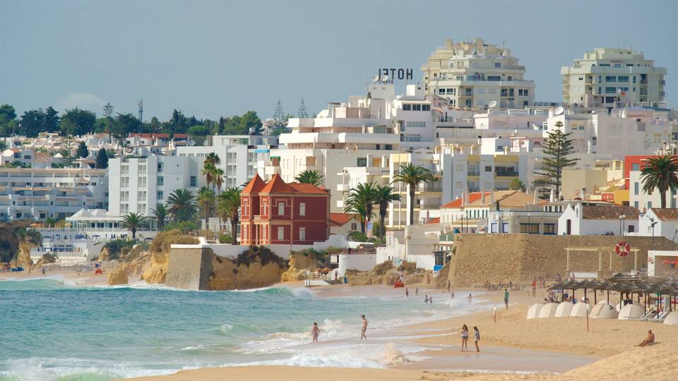 A coastal cityscape with a beach, palm trees, and a mix of modern and traditional architecture.