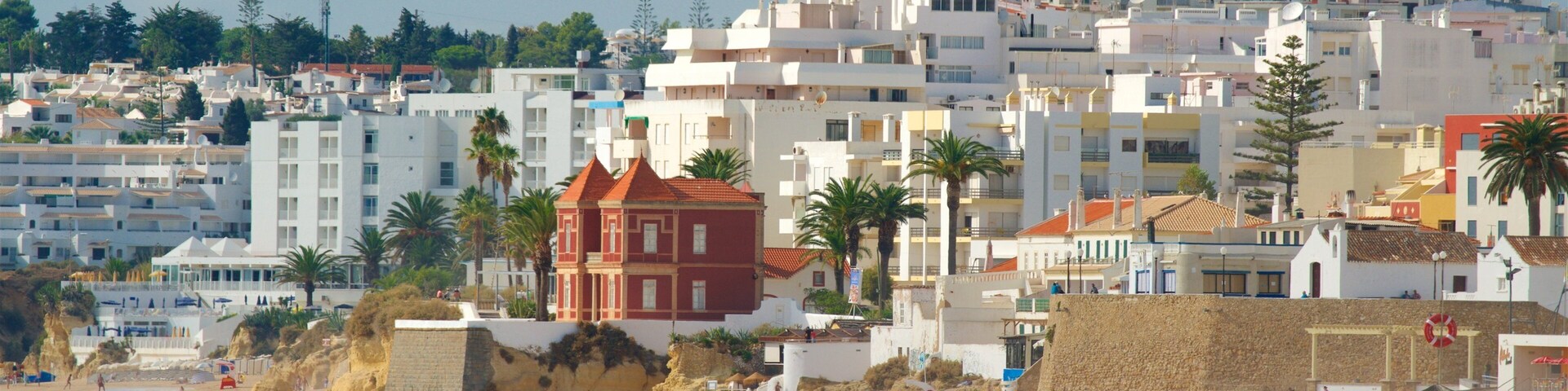 A coastal cityscape with a beach, palm trees, and a mix of modern and traditional architecture.