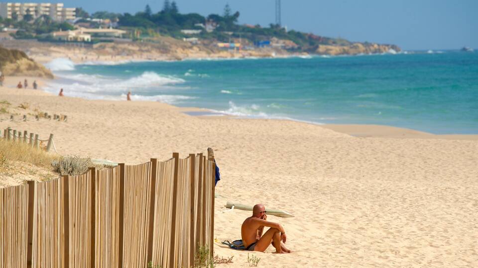 A sandy beach with a wooden fence, a person sitting on the sand, and the ocean in the background.