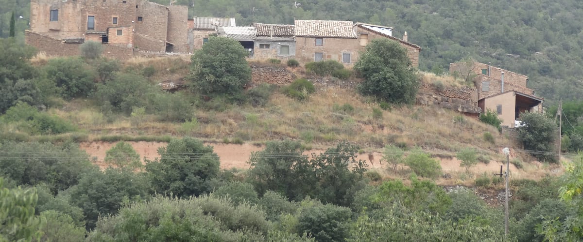 A historic stone castle on a hillside with surrounding greenery and modern buildings.