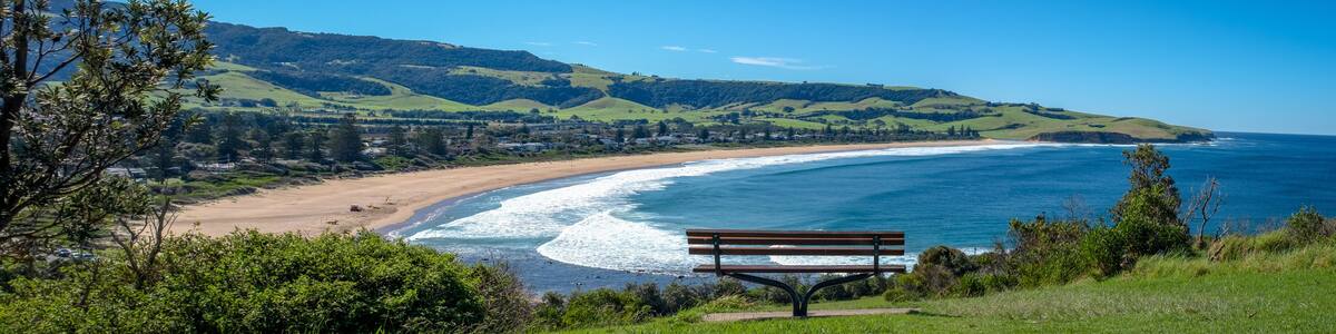 A restful bench with a panoramic view of Werri Beach, Gerringong, New South Wales, NSW, Australia