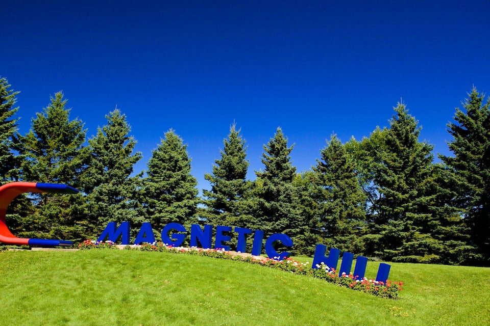 A grassy area with a large blue sign spelling out "MAGNETIC" and a red and blue structure resembling a letter 'C'.