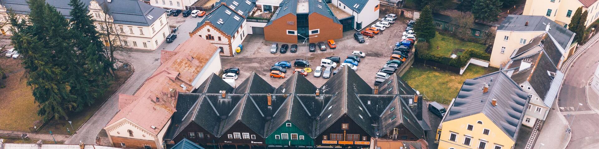 Aerial View European Town Center, Houses and Streets, Vrchlabi, Czechia