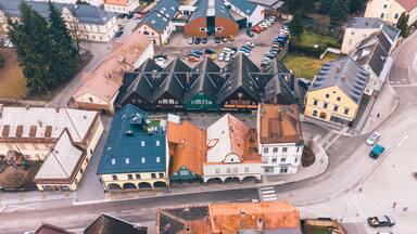 Aerial View European Town Center, Houses and Streets, Vrchlabi, Czechia