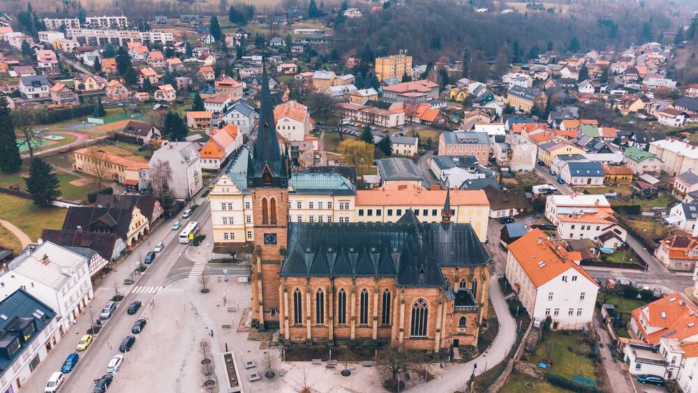 Aerial View European Town Center, Church, Vrchlabi, Czechia