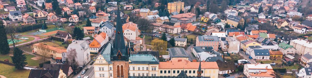 Aerial View European Town Center, Church, Vrchlabi, Czechia