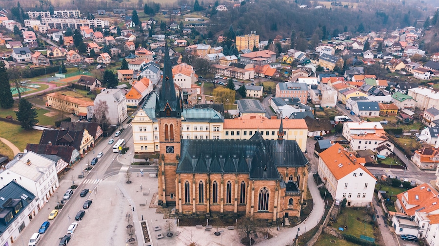 Aerial View European Town Center, Church, Vrchlabi, Czechia