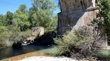 A stone bridge over a river with surrounding greenery and a rocky riverbank.