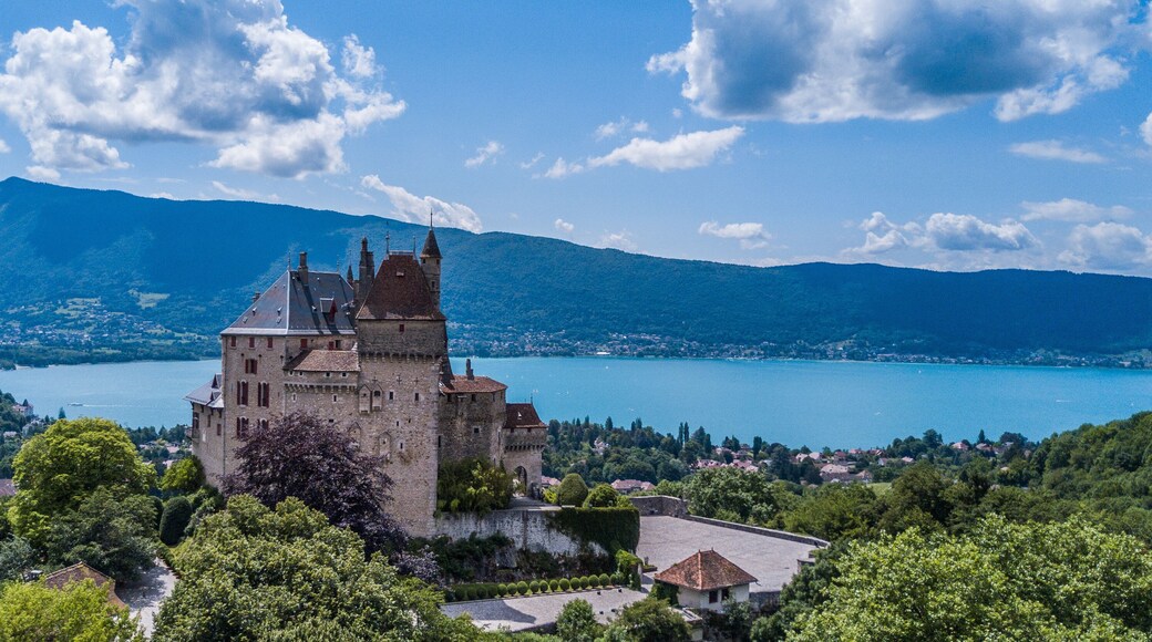 Annecy city, lake and castle from above, in southeastern France