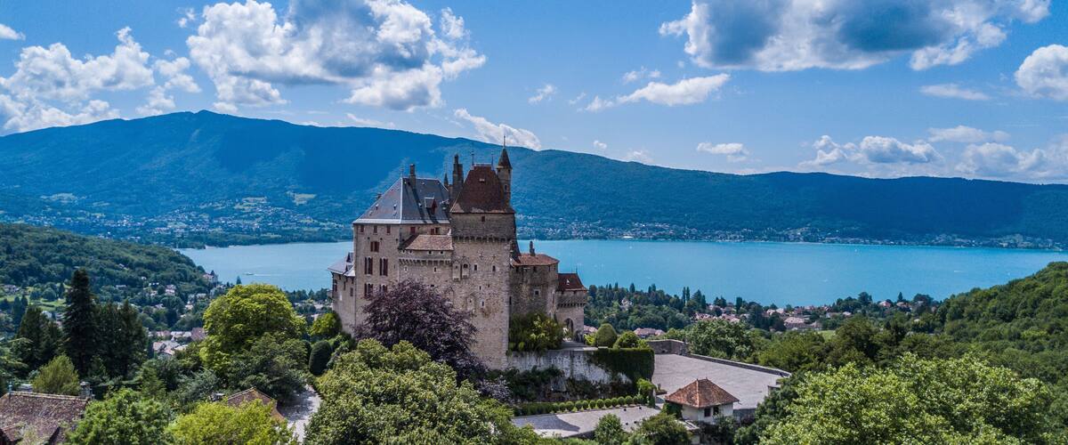 A castle surrounded by lush greenery and a lake.