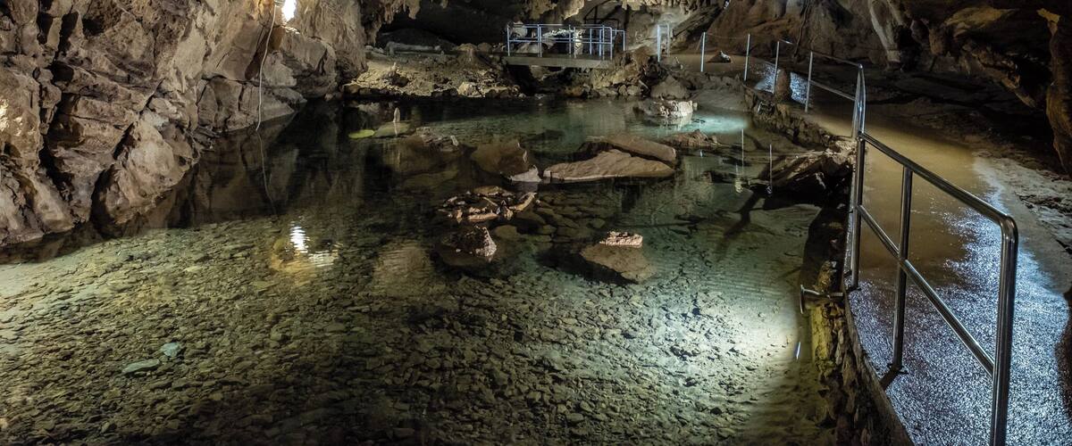 A cave with a water pool, rocky walls, and a metal railing.