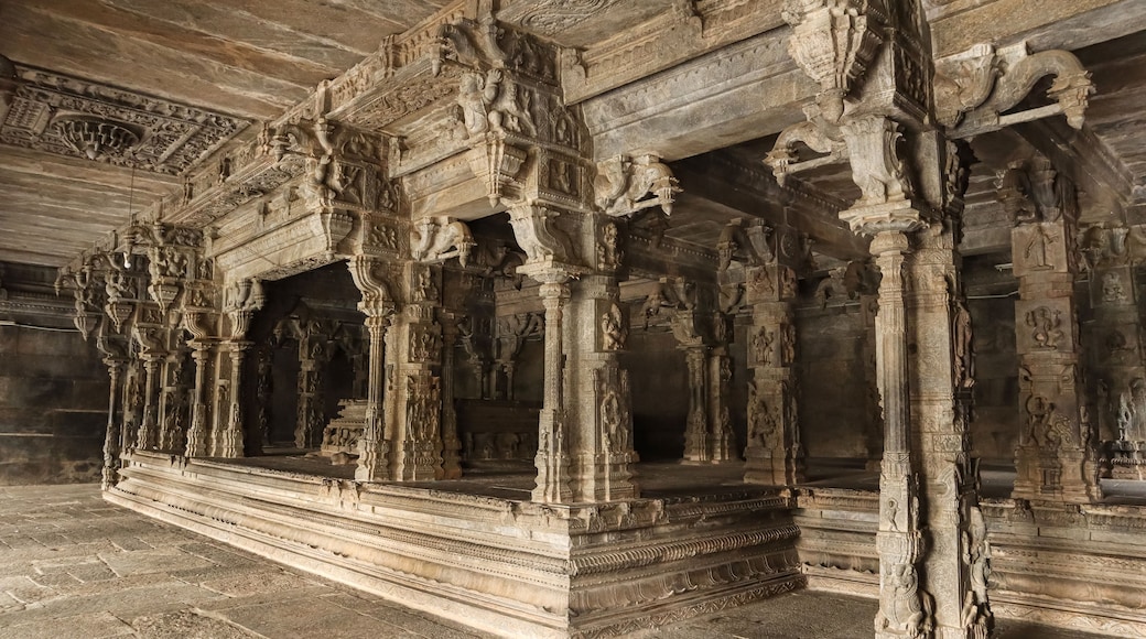 Aufwändig verzierte Steinsäulen und eine detaillierte Decke in einem antiken Tempel.
