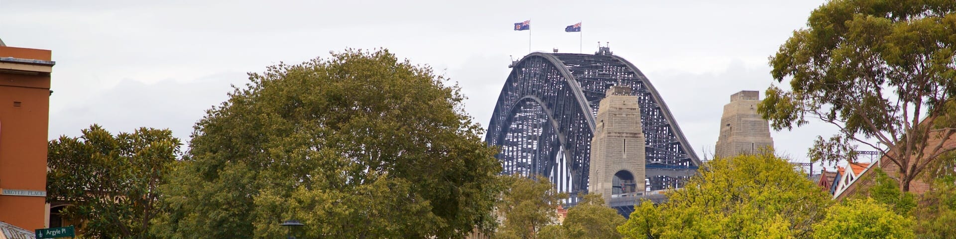 A street lined with trees and parked cars, with a large bridge in the background.