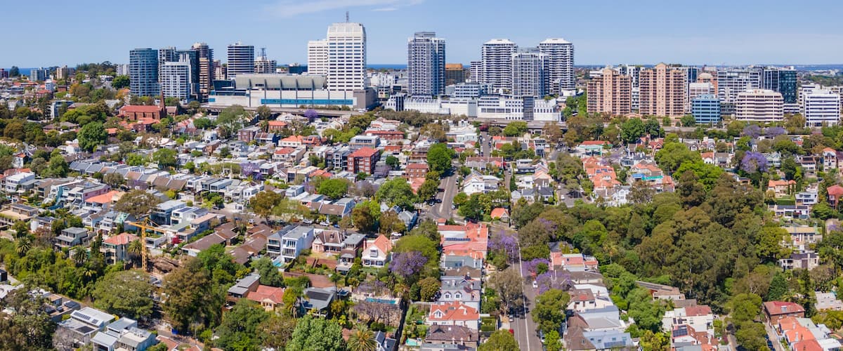 Panoramic aerial drone view of Bondi Junction, in east Sydney, NSW Australia, looking from above Double Bay on a sunny day
