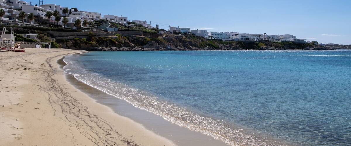 Mykonos island, Cyclades. Greece. Psarou sandy beach, summer holidays concept