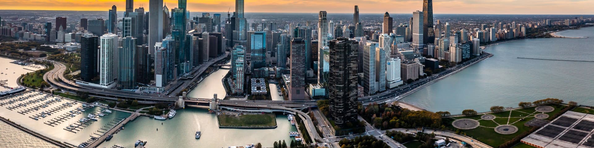 Aerial drone photo - Skyline of Chicago Illinois at sunset.