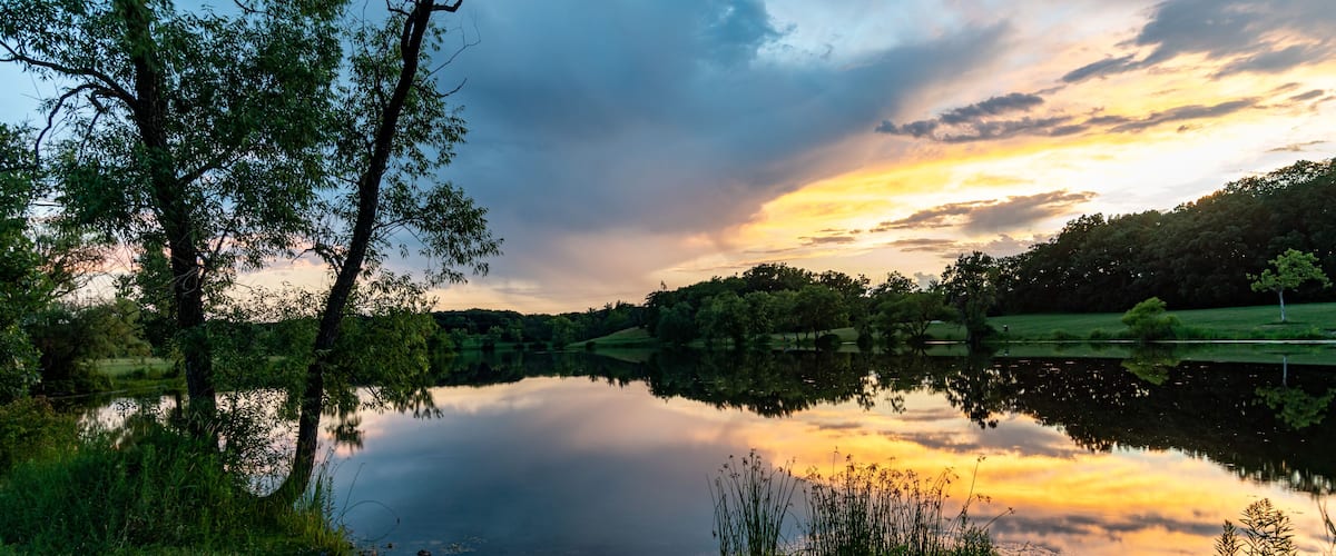 A calm lake reflecting trees and a sunset sky.