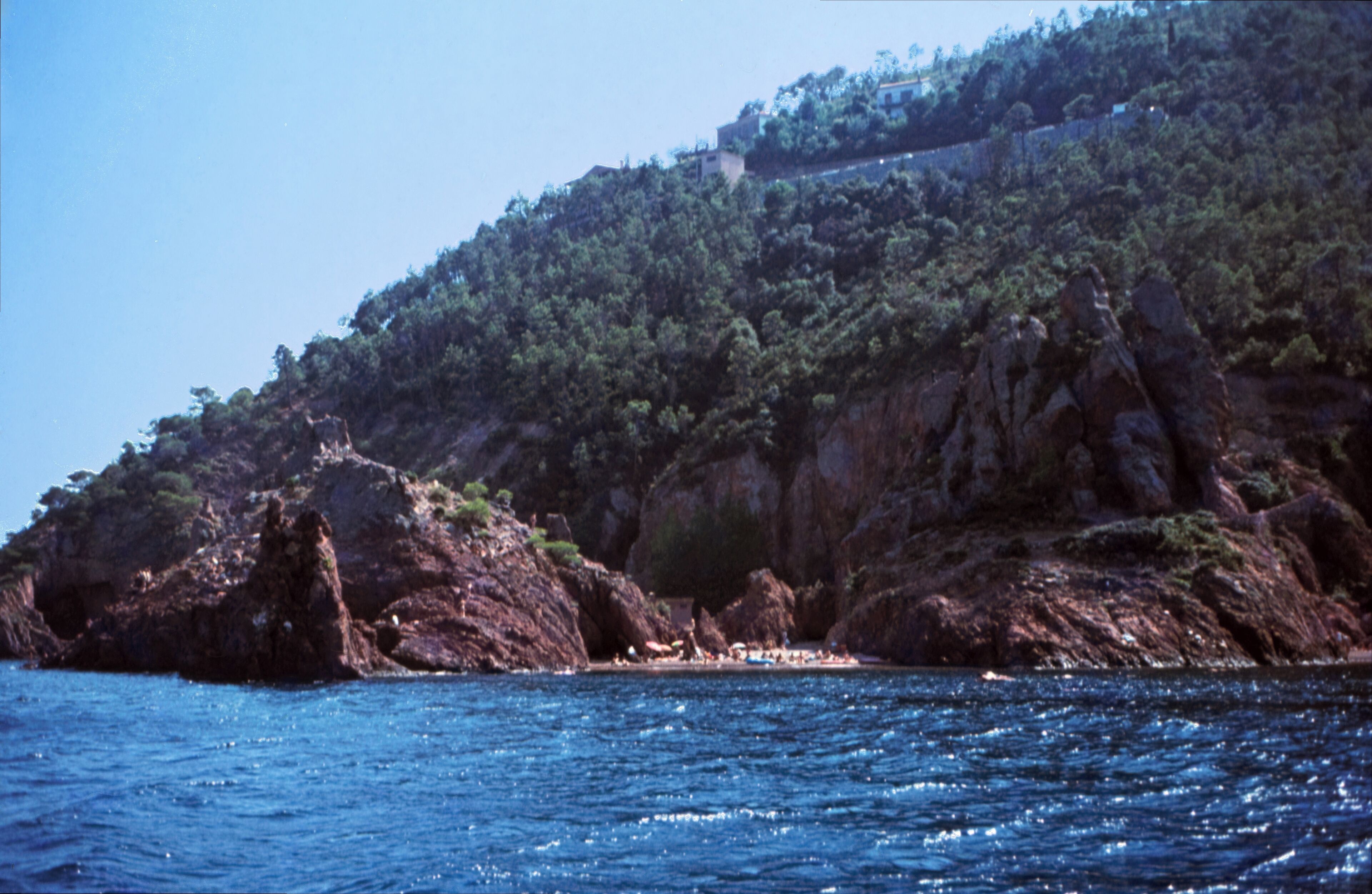 A coastal landscape with rocky cliffs, dense greenery, and a clear blue sea.