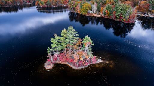Aerial view of an island in lake during autumn
-Hickory Hills Lake, Lunenburg, Massachusetts