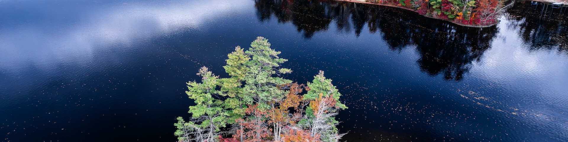 Aerial view of an island in lake during autumn
-Hickory Hills Lake, Lunenburg, Massachusetts