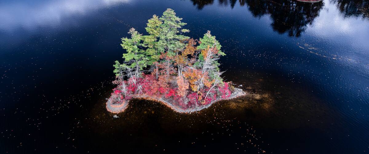 A lake surrounded by autumn-colored trees and a small island with a dock.