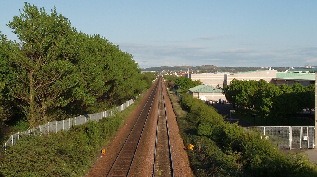 Looking from the bridge where it crosses under Glasgow Road (the A8), at the Gogar roundabout in Edinburgh.