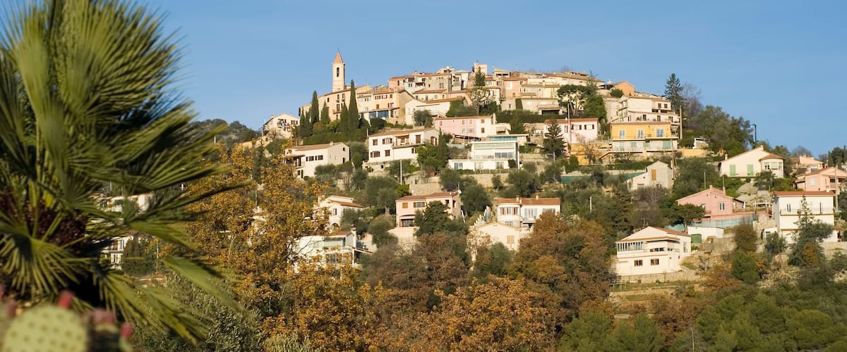 A hillside village with buildings, a church tower, and dense vegetation.