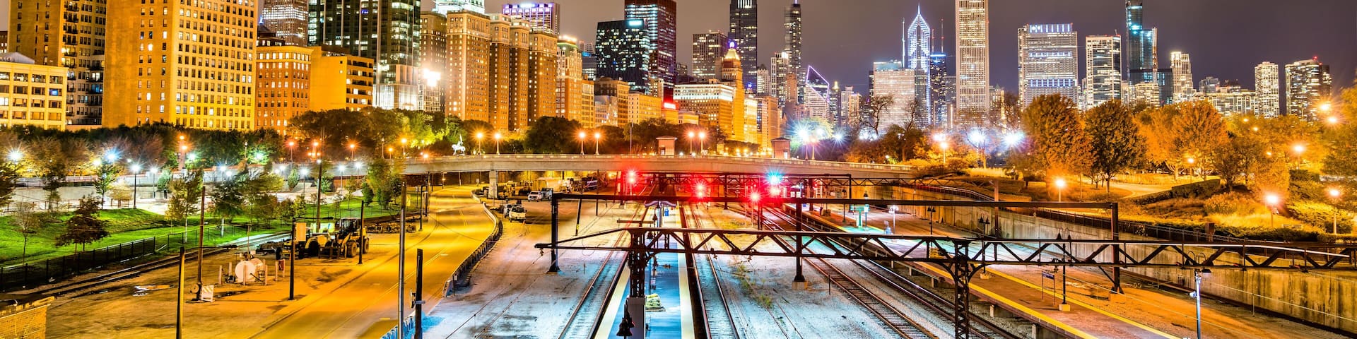 Night view of Chicago above a railway at Grant Park in Illinois, United States