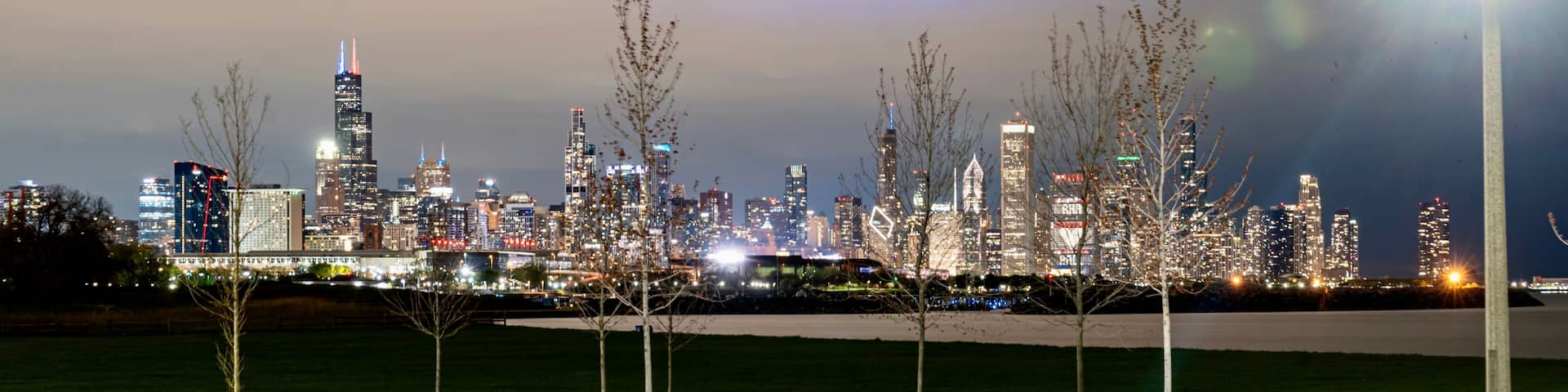 Nighttime in the Park at the 31st Street Harbor with the Chicago Skyline in the Background