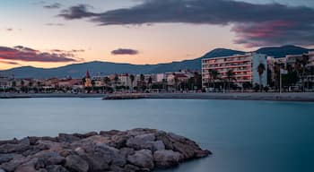 Romantic evening view of the French Riviera coastline from the Port of Cros-de-Cagnes.