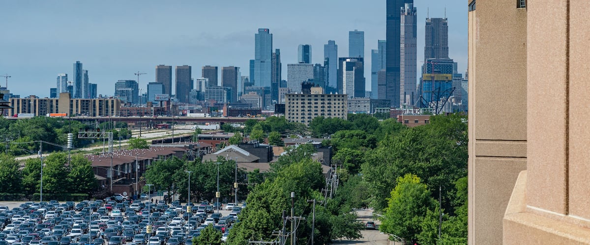 View of the City of Chicago and it’s Skyline from the outside of the top of a structure on the south side of the city