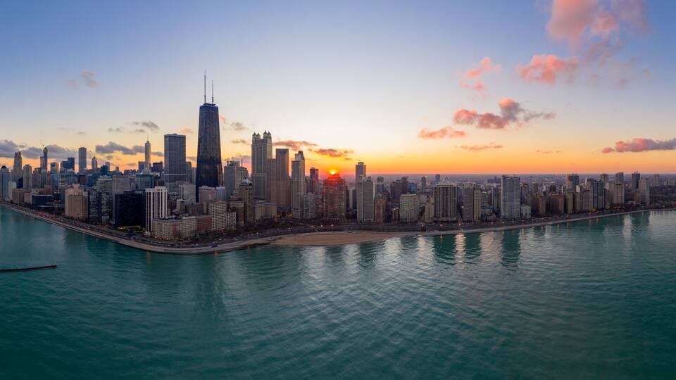 Panoramic Aerial View of Chicago Skyline at Sunset