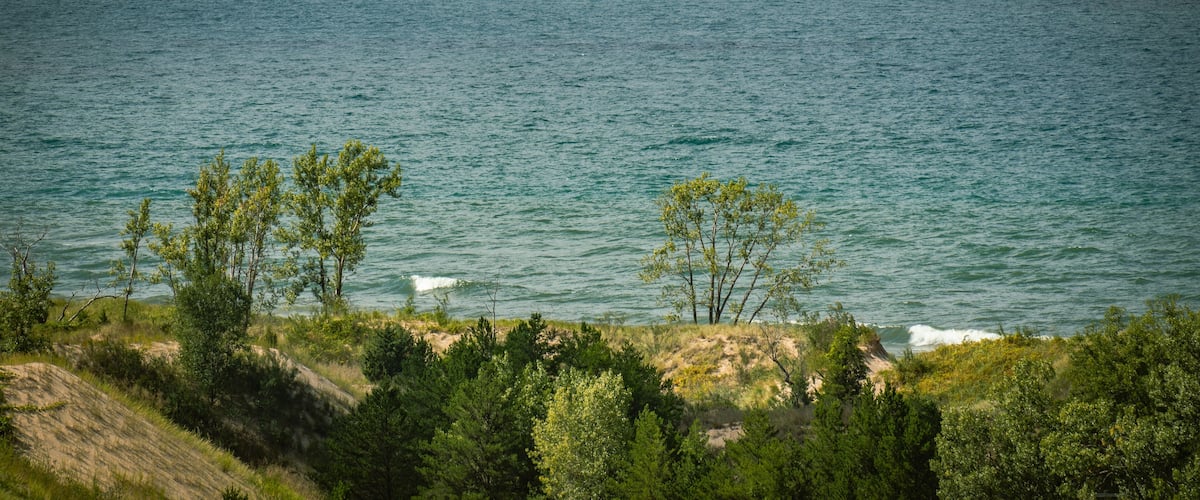 Chicago skyline viewed from over 30 miles (50 km) across Lake Michigan | Indiana Dunes National Park, Indiana, USA