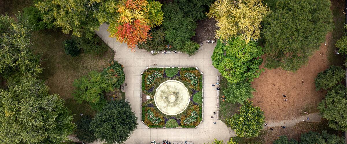 Aerial top down view of Washington Square Park in downtown Chicago, Illinois, USA. September 9, 2023.