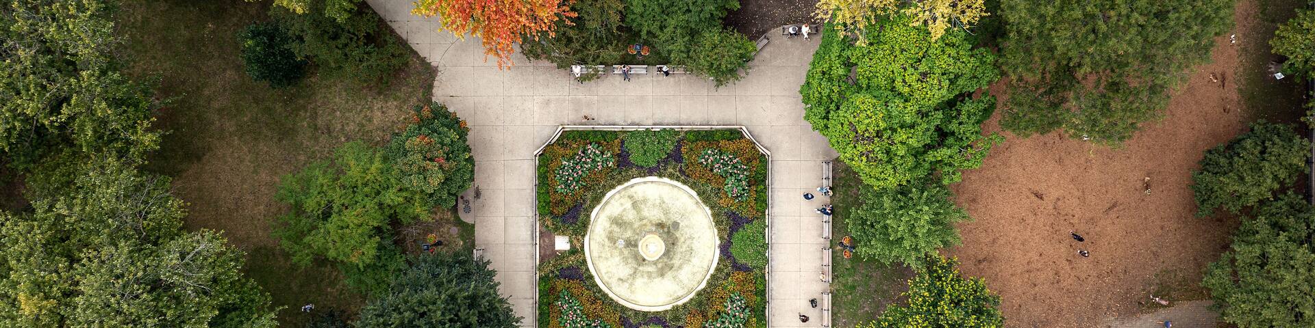 Aerial top down view of Washington Square Park in downtown Chicago, Illinois, USA. September 9, 2023.