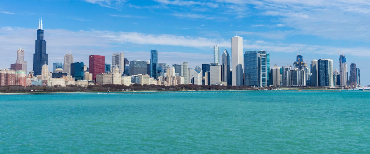 Chicago skyline with blue sky and lake Michigan
