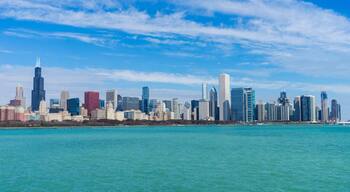 Chicago skyline with blue sky and lake Michigan