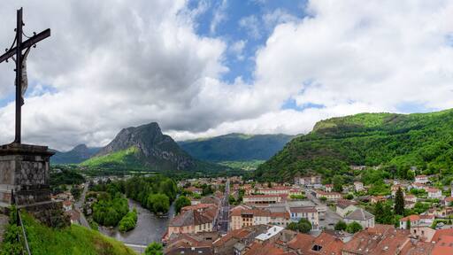 Overview of river and countryside, Tarascon sur Ariege, Ariege, Midi-Pyrenees
