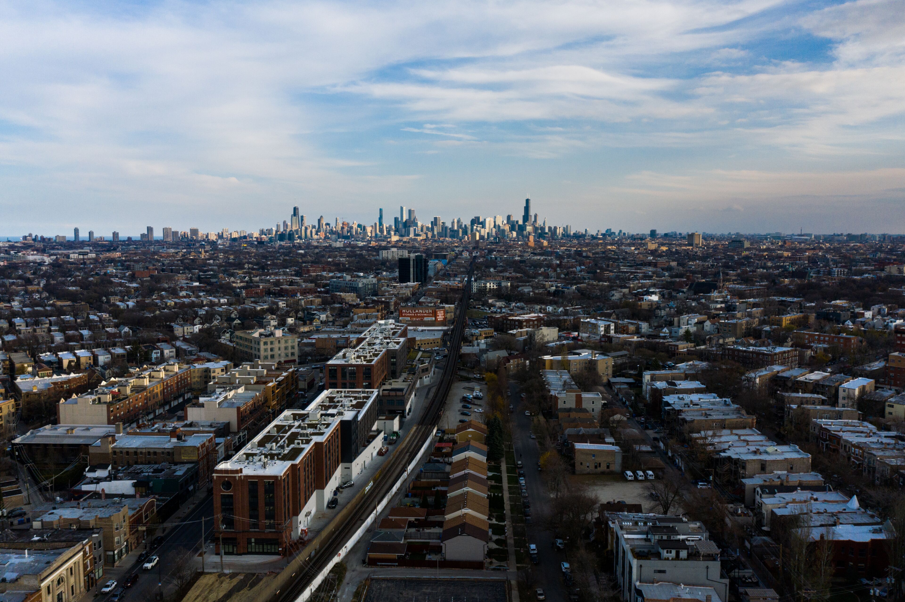 Chicago skyline seen from Logan Square neighborhood