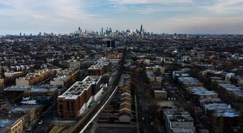 Chicago skyline seen from Logan Square neighborhood