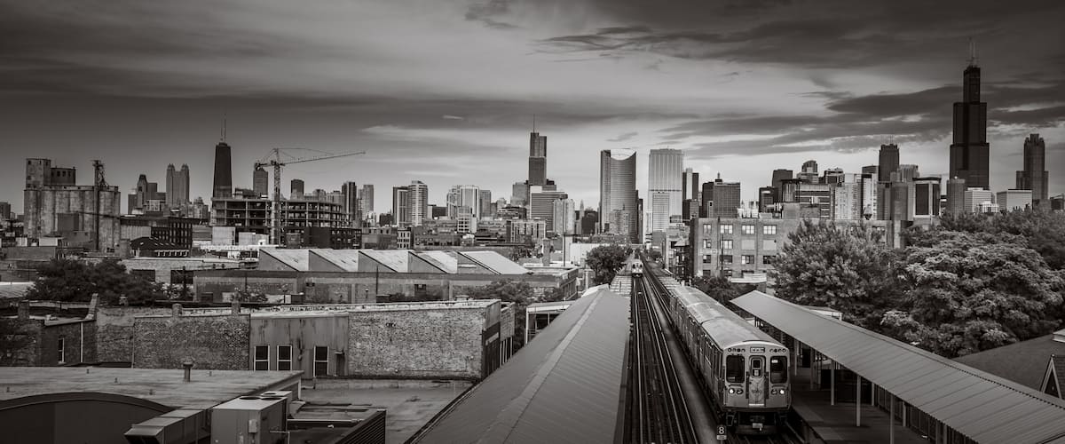 Chicago Skyline from the west side with the train