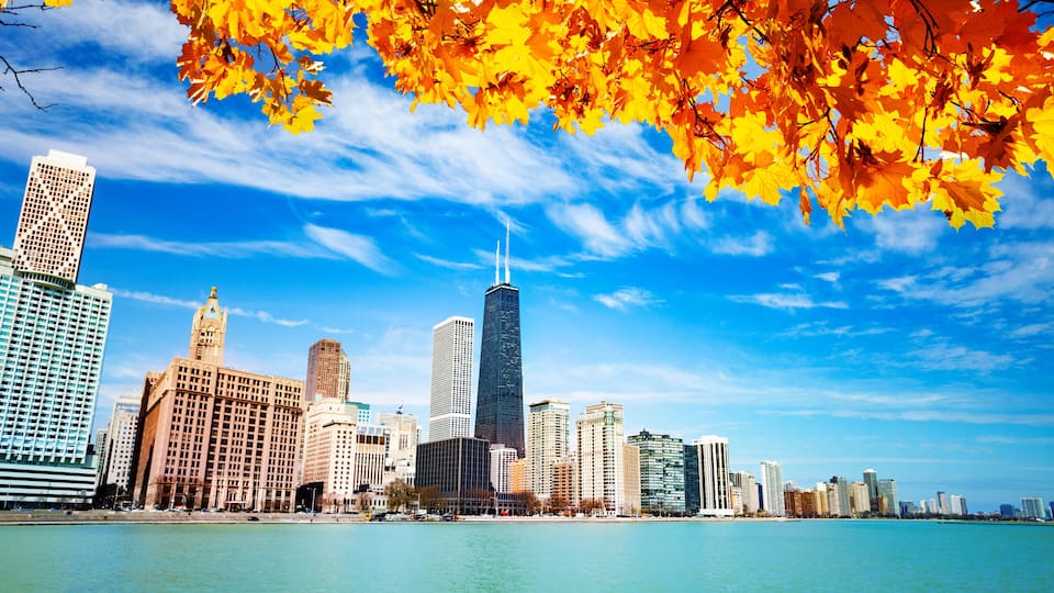 A city skyline with a prominent skyscraper, a historic building, and autumn leaves in the foreground.