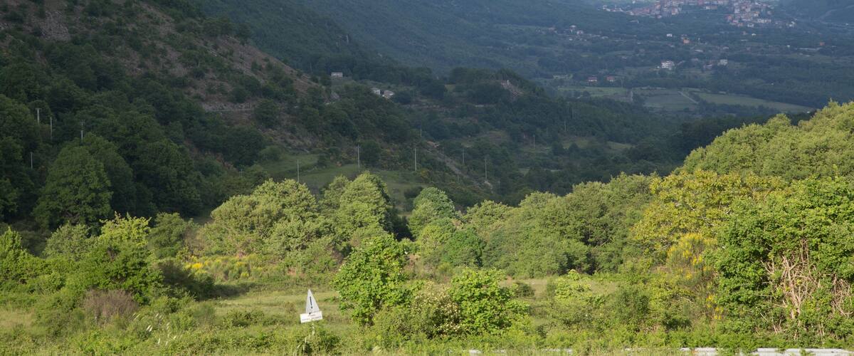 A mountainous landscape with dense forests and a small settlement in the valley.