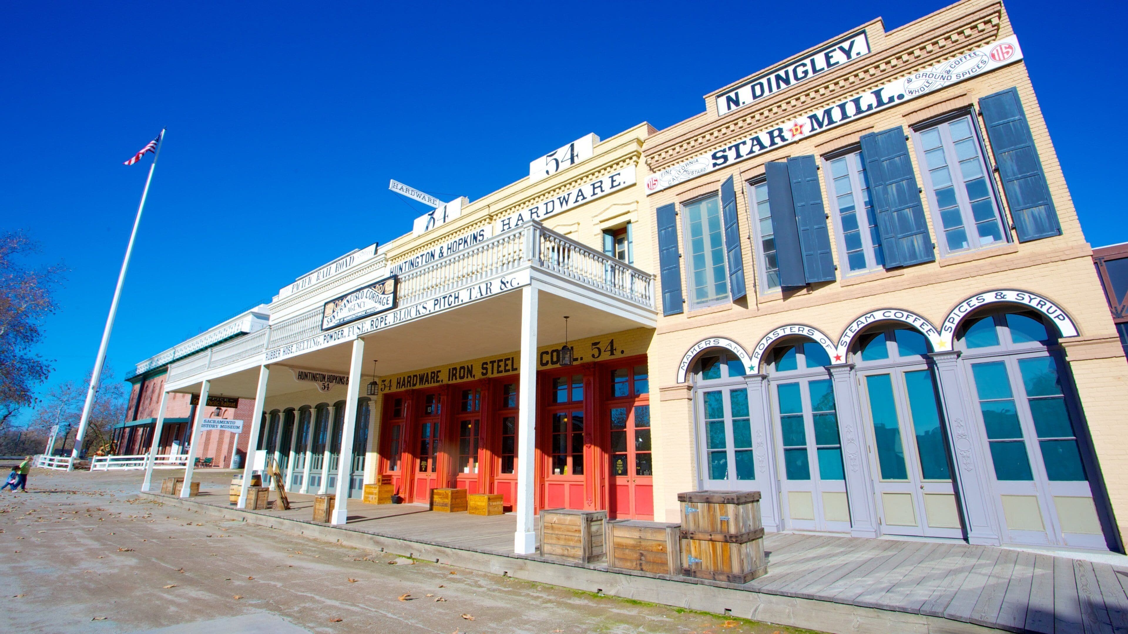 Old Sacramento which includes heritage architecture and signage